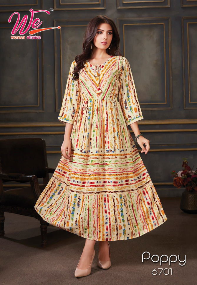 WE POPPY Fancy Party Wear Rayon Printed Anarkali Kurtis Collection